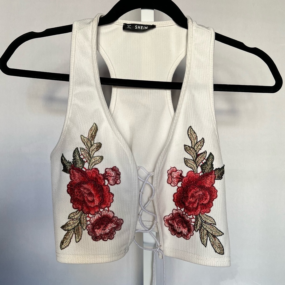 Embroidered Rose Lace Up Top